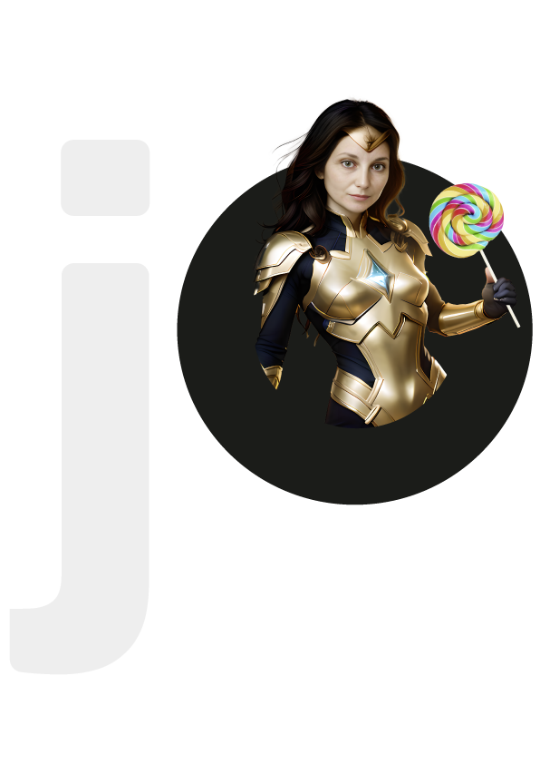 Silvia Grübler als Superheldin in goldener Rüstung mit einem Lollipop